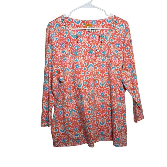 Ruby Rd Blouse Women's 1X V-Neck 3/4 Sleeve Rhinestone Preppy Colorful Top - Picture 1 of 8